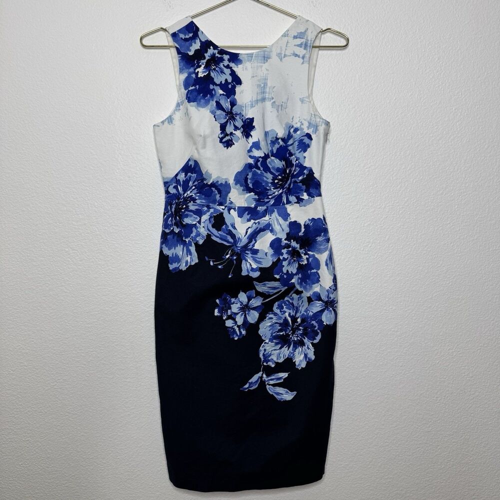 Anthropologie Maeve Vanda Sheath Dress 4 Blue Floral Cutout Back Pencil Cotton